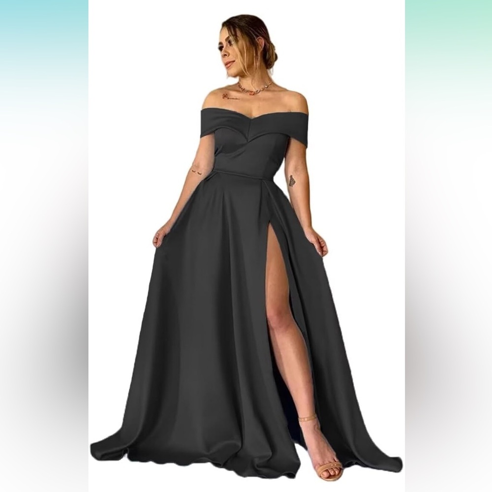 Black prom dress off the shoulder satin